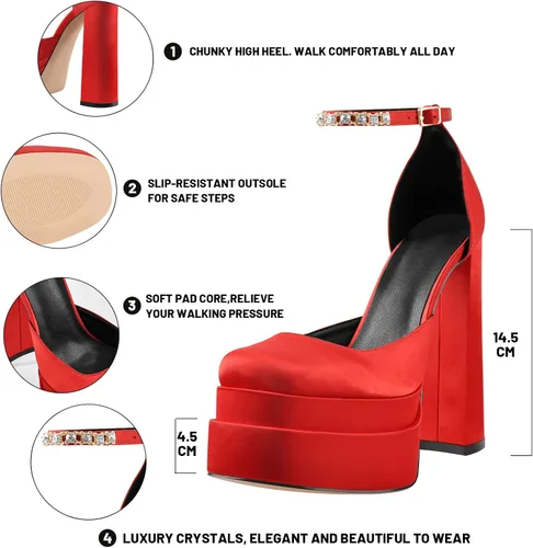 Miniatura 6 de onlymaker Women's Chunky Heel Platform Sandals Crystal Clasp Square Toe Rhinestone Ankle Strap Satin Pumps