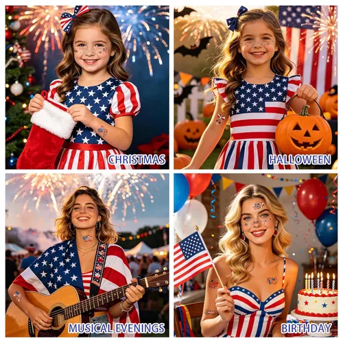 Miniatura 5 de 28 Pairs 250th Anniversary Face Makeup Patches, 4th of July Independence Day Eyeliner Stickers Decals American Flag Stars Bowknot Temporary Tattoo