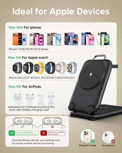 Miniatura 6 de Mukiya Estación de carga inalámbrica rápida 2026 para dispositivos Apple, soporte magnético 3 en 1 MagSafe cargador para iPhone 17, 16, 15, 14, 13
