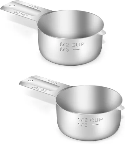 2 piezas 1/2 taza (120 ml, 4 oz) Taza medidora individual, cuchara medidora de acero inoxidable, medida métrica y en EE. UU., apta para lavavajillas