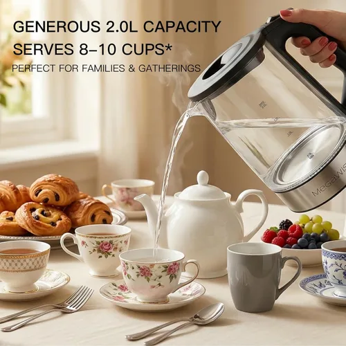 Miniatura 8 de Megawise Hervidor eléctrico de vidrio con apagado automático, sin BPA, tapa interior y base de acero inoxidable, indicador LED azul, fácil limpieza