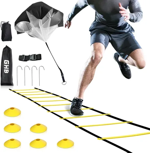 GHB Agility Ladder Speed Training Ladder Workout Ladder with 6 or 10 Cones 12 Rung 20ft with Resistance Parachute Amarillo-6 conos