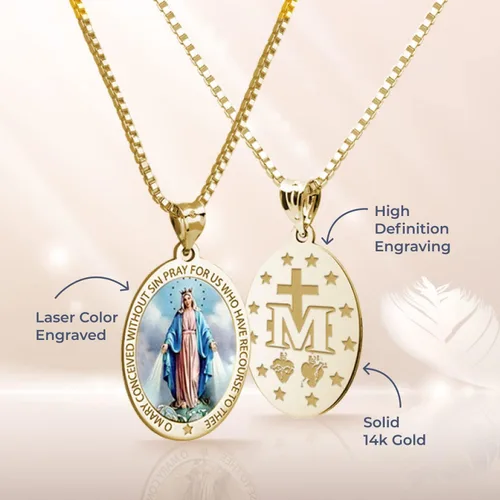 Miniatura 2 de Picturesongoldcom Collar de medalla milagrosa católica con colgante ovalado para mujeres y hombres hecho en oro amarillo o blanco de 10 K14 quilates