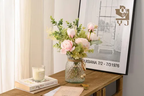 Miniatura 6 de YJ Flores falsas con jarrón, flores artificiales de seda ramo de flores en jarrón, arreglos florales sintéticos, decoración de mesa de granja, Rosa