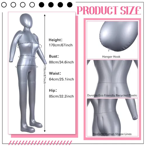 Miniatura 2 de Vestido de maniquí inflable de cuerpo completo de 2 piezas, modelo simulado de torso, cuerpo de maniquí plateado, vestido de PVC con brazos