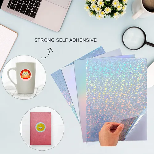Miniatura 4 de Nihuecne 24 hojas de papel adhesivo de vinilo imprimible tamaño A4 (8.25 x 11.7 pulgadas), papel adhesivo holográfico brillante, autoadhesivo