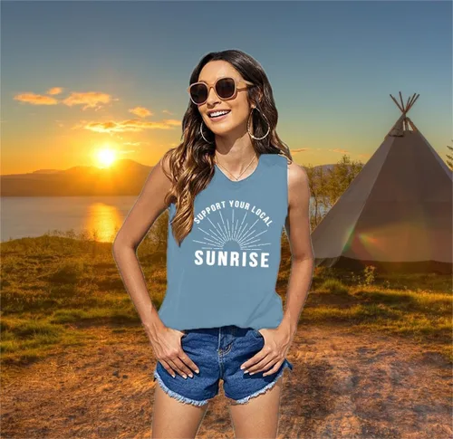 Miniatura 2 de Women Mountain Explorer Sunrise Graphic Tank Tops Girls Trip T-Shirts Athletic Workout Hiking Camping Adventure Summer Tees