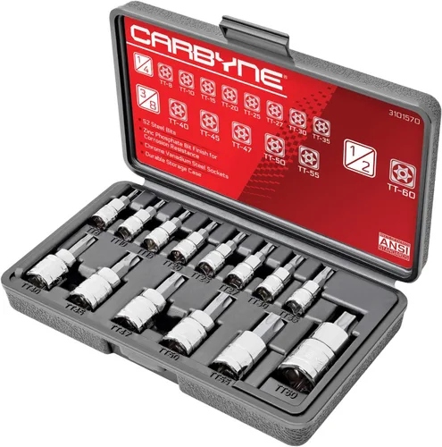 CARBYNE Juego de dados Torx a prueba de manipulaciones de 14 piezas, Torx de seguridad TT8 a TT60, brocas de acero S2, enchufes CrV, 1/4 pulgadas.