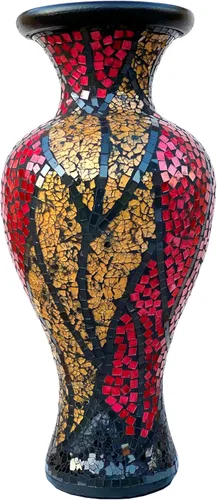 Jarrón de mosaico de 24 pulgadas, cilindro alto hecho de terracota con piezas de mosaico de vidrio rojo, dorado y negro, pieza decorativa hecha a