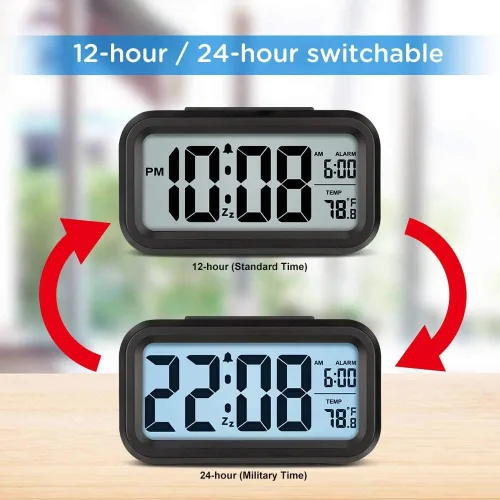 Miniatura 5 de Lesipee Reloj despertador digital, reloj para dormitorio, reloj de escritorio, funciona con pilas, reloj digital con luz nocturna inteligente, Negro