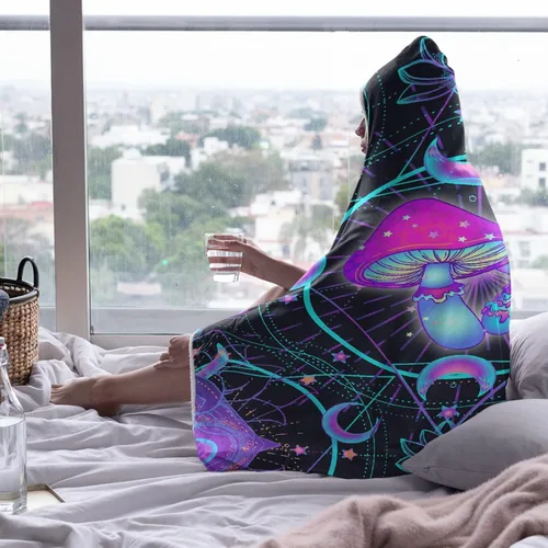 Miniatura 3 de Manta con capucha de hongos para adultos, Navidad, cumpleaños, regalos para mujeres y hombres, poncho hippie morado con capucha de 40 x 50 pulgadas