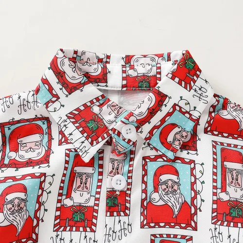 Miniatura 4 de JEELLIGULAR Conjunto de pantalones cortos y camisa con botones y estampado de Papá Noel para niños pequeños
