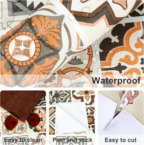 Miniatura 6 de Papel tapiz bohemio para cocina, impermeable, para despegar y pegar, papel de pared color naranja, autoadhesivo, azulejos geométricos, extraíble