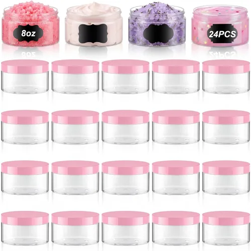 Miniatura 11 de Dandat 24 piezas 8 oz botes de plástico con tapa y etiqueta. Recipientes de muestra de cosméticos redondos ámbar PET recargables y vacíos para Ámbar