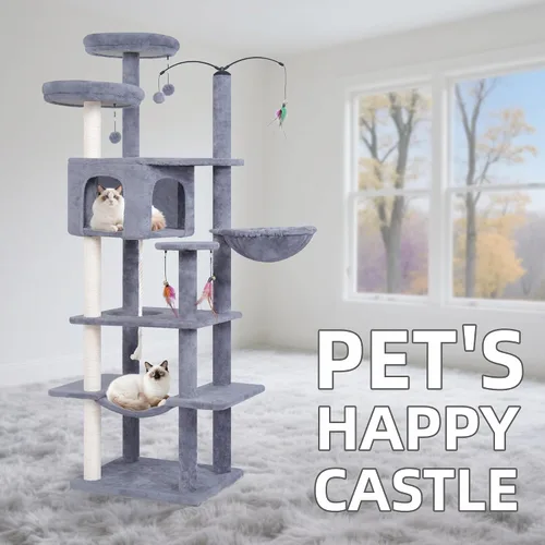 Miniatura 3 de AIWIKIDE Árbol grande para gatos, torre para gatos con condominio de varios niveles, hamacas, juguete giratorio (gris, 63.4 pulgadas)