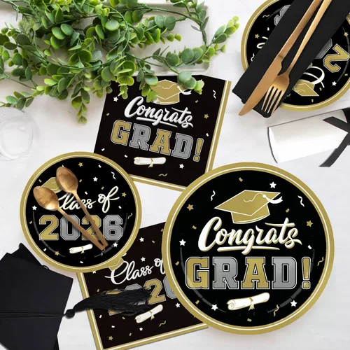 Miniatura 5 de Platos y servilletas de fiesta de graduación, decoraciones de graduación de clase de 2026, platos de papel desechables negros y dorados, servilletas