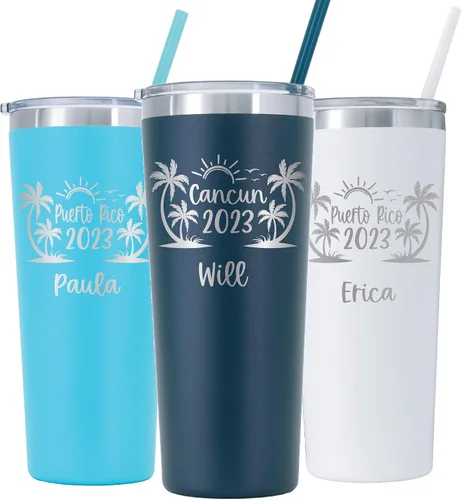 Miniatura 2 de Regalo personalizado para vacaciones en la playa, grabado con láser, aislado al vacío, vaso de 20 onzas con tapa y pajita, vaso de palmera, taza