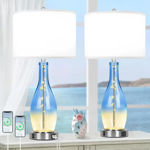 Miniatura 9 de BesLowe Juego de 2 lámparas de mesa de cristal de 26 pulgadas de alto con 2 puertos de carga USB y luz nocturna LED, lámparas de mesa costeras