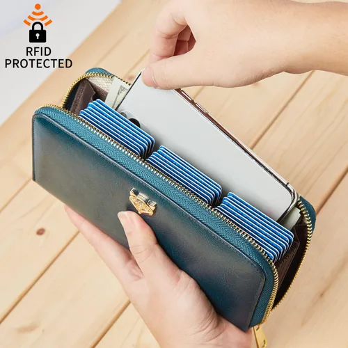 Miniatura 4 de FOXLOVER Carteras de cuero para mujer con bloqueo RFID pequeño y compacto tarjetero de crédito con bolsillo con cremallera Azul Classic