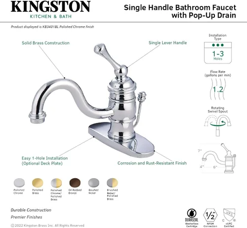 Miniatura 3 de Kingston Brass KB3402BL - Grifo de lavabo victoriano de 4 pulgadas, latón pulido con mango de palanca de metal
