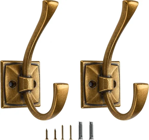 Paquete de 2 Ganchos Decorativos de Servicio Pesado para Toallas para Colgar Bata Ganchos Dobles Vintage de Latón Antiguo para Abrigos Montados en