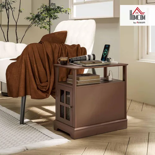 Miniatura 2 de HOMCOM Mesa auxiliar con estación de carga, mesa auxiliar estrecha con puertos USB y tomas, mesa pequeña con almacenamiento oculto y estante abierto