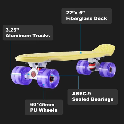Miniatura 2 de Playshion - Patineta miniatura de 56 cm/22 pulgadas para principiantes con cubierta resistente Amarillo / púrpura