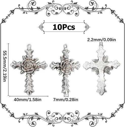 Miniatura 2 de SUNNYCLUE 10 dijes de cruz estilo tibetano, plata antigua, cuentas grandes con flores de rosas, crucifijo vintage para hacer joyas de Pascua