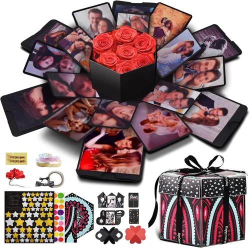 Miniatura 9 de Wanateber Caja de explosión, caja de regalo de explosión con 6 caras, parte principal, caja de fotos hecha a mano, para regalo de cumpleaños, Negro