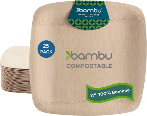 Bambu, Platos cuadrados desechables de bambú de 11 pulgadas, orgánicos, biodegradables y ecológicos, platos para fiestas, bodas y eventos, ideales