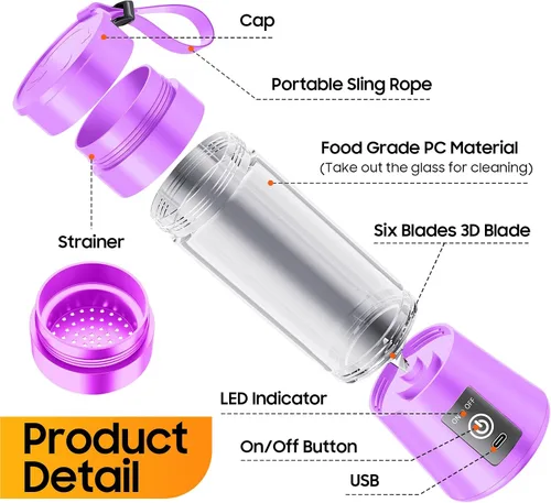 Miniatura 8 de Licuadora portátil para batidos y batidos – Licuadora personal recargable por USB mejorada, alta velocidad de 20,000 rpm, apto para viajes