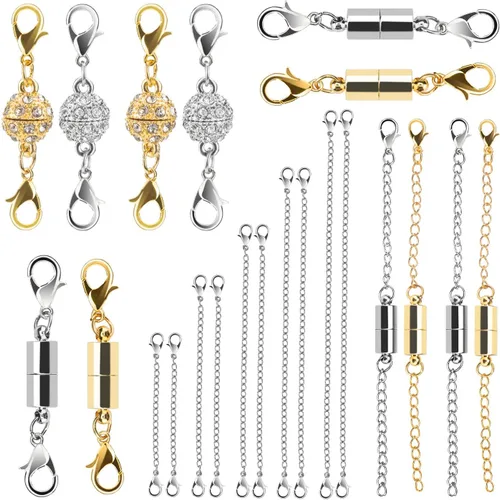 Beinhome 22 cierres magnéticos de joyería y extensores de collar, cierre de capas de collar de oro y plata, extensor de cadena de múltiples tamaños