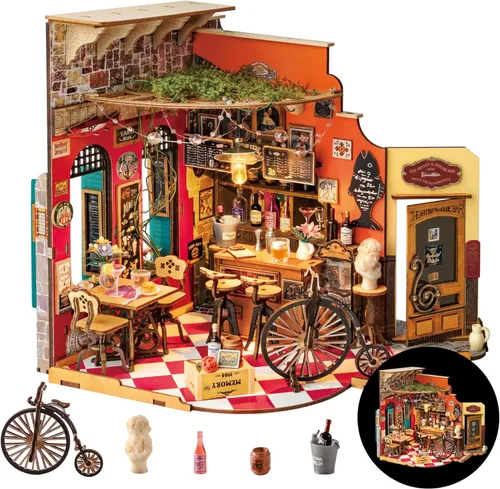 Rolife Kit de casa en miniatura de bricolaje Cheers Bar Dining, estantería de Rincón del libro 3D para decoración de adultos, kits de casa en