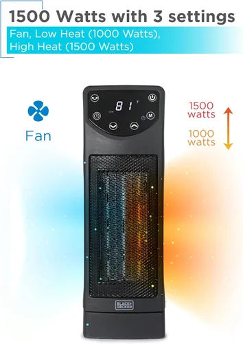 Miniatura 4 de BLACK+DECKER Calentador de escritorio de cerámica oscilante con control remoto con termostato ajustable, negro