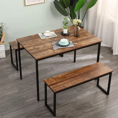Miniatura 4 de SDHYL Juego de mesa de comedor de 45 pulgadas con 2 bancos, juego de mesa de comedor para 3, mesa de comedor rectangular pequeña de madera con 2