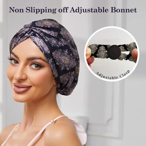 Miniatura 2 de Gorro de satén de seda ajustable para envolver el cabello para dormir, gorro de dormir de doble capa, turbante nocturno para cabello largo y rizado