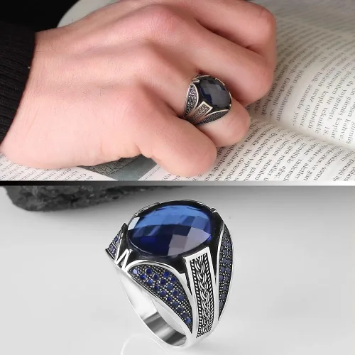 Miniatura 2 de 925 Sterling Silver Men Silver Ring with Sapphire GemStone, Handmade Engraved Silver Ring, Gift for him, Minimalist Silver Ring