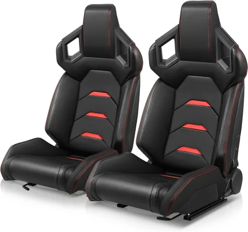 Miniatura 10 de Auto Dynasty Par de Asientos de Carreras Universales Tipo Bucket de Cuero Vinílico y Fibra de Carbono Reclinables con Rieles de Montaje Inferior