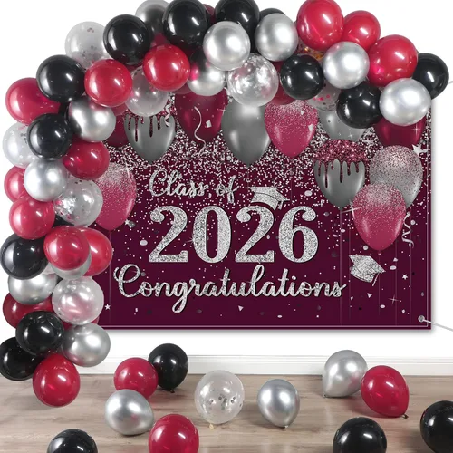 Buryeah Decoración de graduación granate y plateada 2026, pancarta de fondo de felicitaciones graduadas con 60 globos de látex para la clase de