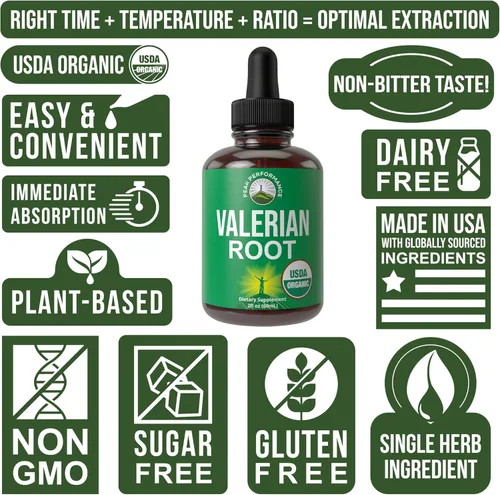 Miniatura 7 de Suplemento de gotas líquidas de raíz de valeriana orgánica USDA. Tintura de extracto vegano para relajación, sueño, calma. Gran alternativa a