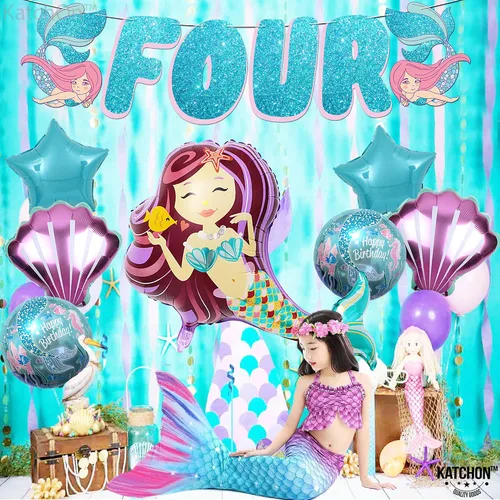 Miniatura 9 de KatchOn Juego de 8 decoraciones de sirena grande para cumpleaños número 4, globos de sirena y cumpleaños para niña de 4 años