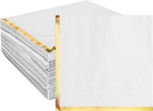 Miniatura 10 de Fulmoon Paquete de 100 servilletas de cóctel de papel de 2 capas con borde de lámina dorada para bebidas, postre, servilletas de papel desechables