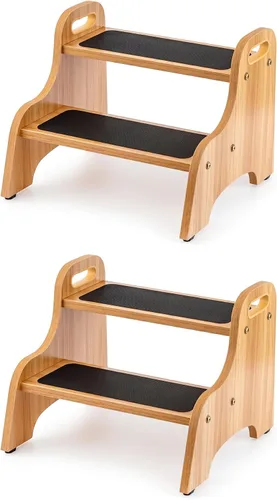 StrongTek Paquete de 2 taburetes de madera de 2 escalones para niños y adultos, superficie antideslizante, almohadillas antideslizantes para pies,