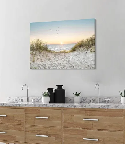 Miniatura 5 de Arte de Pared de Playa en Lienzo para Baño: Obra de Arte Impresa de Puesta de Sol Costera y Océano, Escena Marina Moderna, Imagen de Paisaje Marino