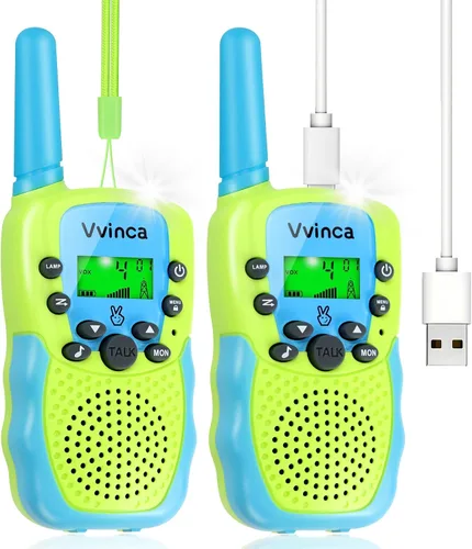 Vvinca Walkie Talkies para niños, juguetes recargables para edades de 5 a 7 años, largo alcance, 22 canales, 2 vías, walkie talkie con linterna para