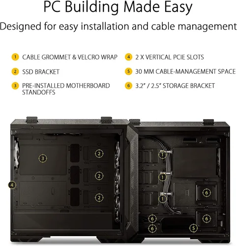 Miniatura 5 de ASUS TUF Gaming GT501 - Funda para juegos de torre media, soporte EATX, 4 ventiladores preinstalados, panel frontal USB 3.0, vidrio templado