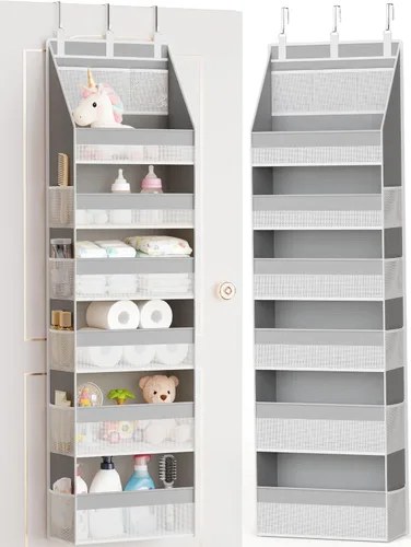 Miniatura 13 de Criusia Organizador sobre la puerta, almacenamiento colgante para armario de 6 estantes con 13 bolsillos de malla, capacidad de 25kg detrás