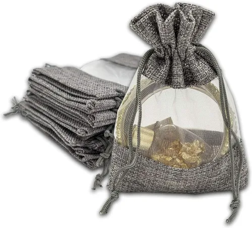 TheDisplayGuys para tu vida moderna - Paquete de 12 bolsas de regalo pequeñas de arpillera de lino y organza con cordones (8.9x14 cm, gris) -