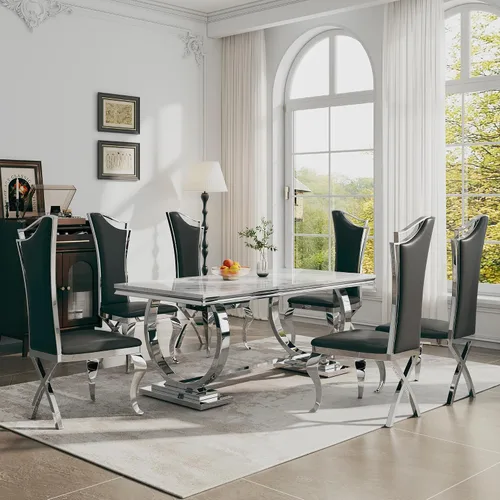 Miniatura 29 de Juego de mesa de comedor de 7 piezas, mesa de cocina de lujo de mármol sintético blanco de 70 pulgadas y 6 sillas copetudas de terciopelo beige