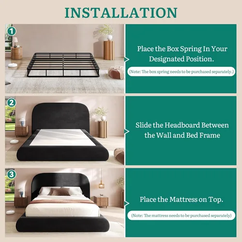 Miniatura 7 de YITAHOME Base de cama tamaño Queen, plataforma tapizada de terciopelo con cabecero, cama de nube suave con estribo, esquinas redondeadas, fácil Negro
